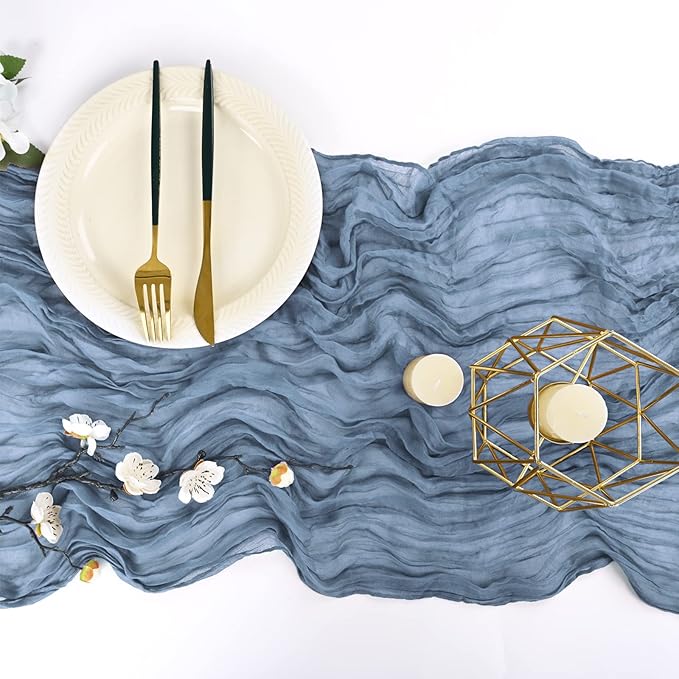 12 Pack 10Ft Dusty Blue Cheesecloth Table Runner 35 x 120 inch Boho Gauze Cheese Cloth Table Runner Vintage Rustic Sheer Runners for Wedding Bridal Shower Birthday Party Cake Table Decorations