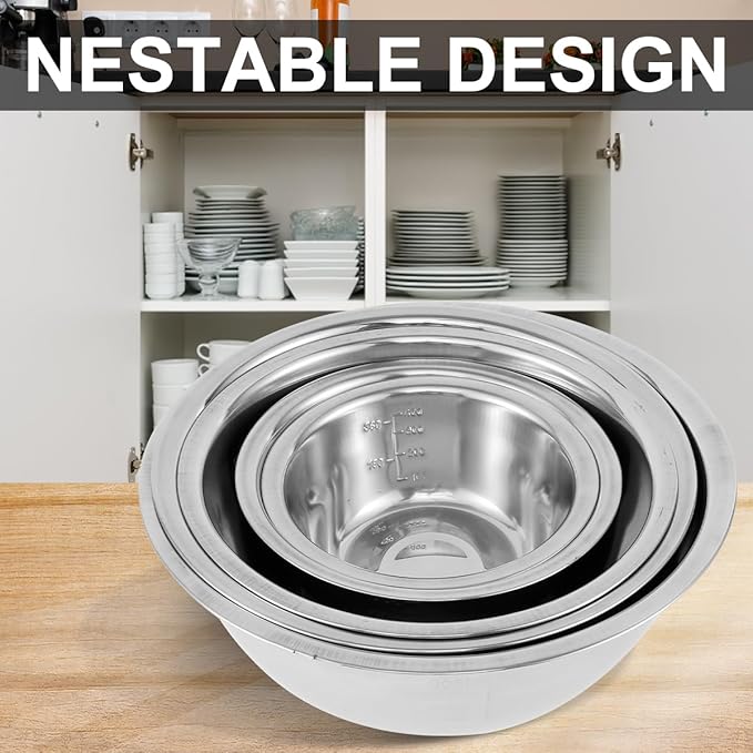 Stainless Steel Mixing Bowls Set of 5, Small Metal Mixing Bowl for Baking, Prepping, Cooking and Serving, Salad, Vegetables,Sizes 9.4" 8.6" 7.8" 6.3" 5.5" (Lid not Included) (set of 5)