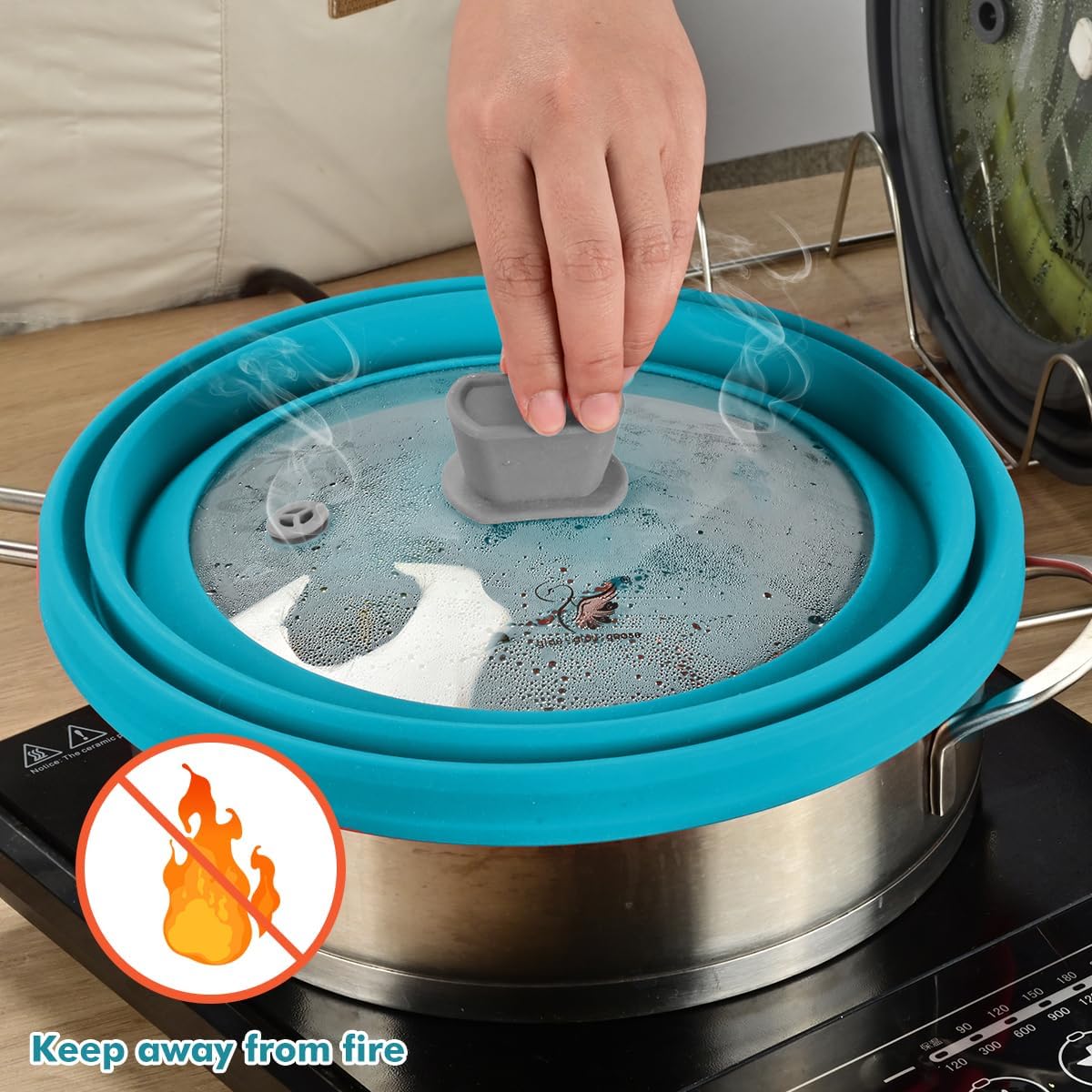 Microwave Splatter Cover Glass Cover Splatter Guard Lid with Collapsible Silicone for Food Cover Plate Cover 11.8 inch Blue