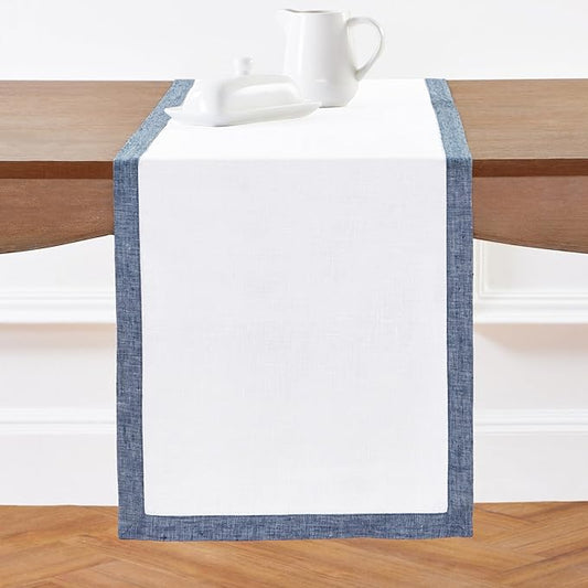 Solino Home Linen Table Runner 48 Inches - 100% Pure Linen Chambray Indigo and White Small Table Runner 14 x 48 Inch Ideal for Dresser and Coffee Tables - Classic