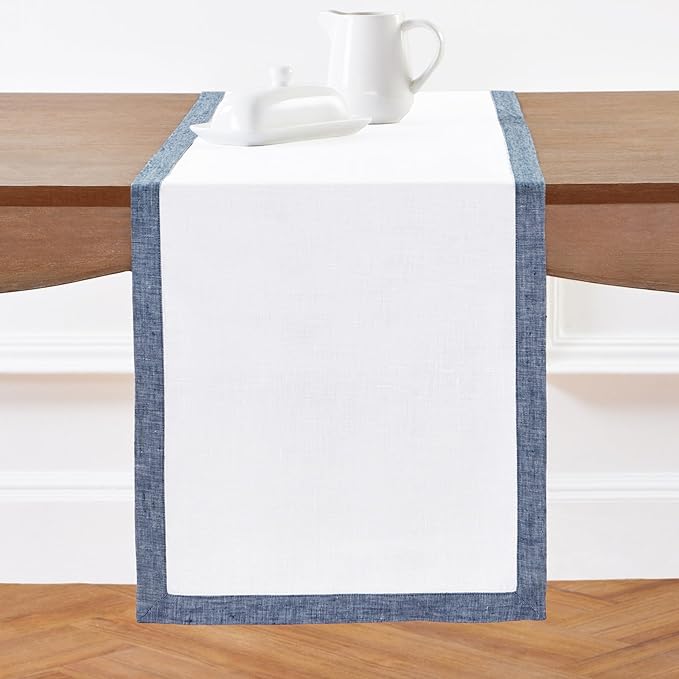 Solino Home Linen Table Runner 60 Inches - 100% Pure Linen Chambray Indigo and White Small Table Runner 14 x 60 Inch Ideal for Dresser and Coffee Tables - Classic