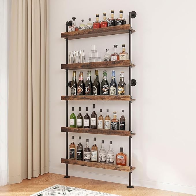 5-Tier Wall Mounted Wine Rack, Industrial Pipe Bar Shelf for Wine Bottle Storage, Industrial Pipe Shelves Shelf Shelving for Home Bar Dining Room Kitchen (23.6" W x 79" H x 8.6" D)