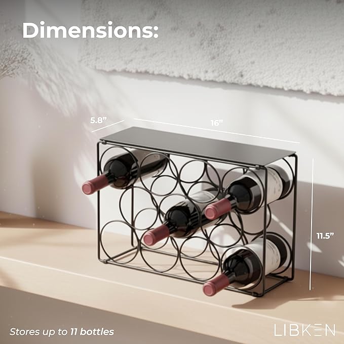 Countertop Wine Rack – Black Powder Coated Metal Wine Holder, Minimal Scandinavian Design – Modern Geometric Small Wine Rack for Countertop, Cabinet, or Tabletop Storage, Fits 11 Bottles