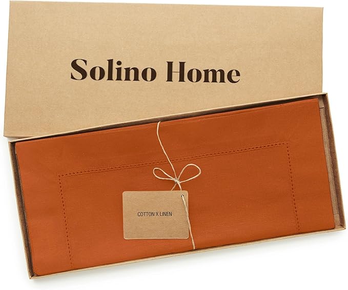 Solino Home Cotton Linen Cinnamon Table Runner 90 Inches Long - Hemstitch 14 x 90 Inch Table Runner - Handcrafted and Machine Washable