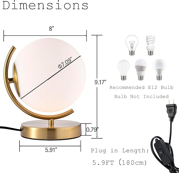 Gold Modern Globe Table Lamp with 7.1'' Glass Goble Shade Mid Century Table Lamps Desk lamp Metal Standing lamp for Bedroom Living Room Office