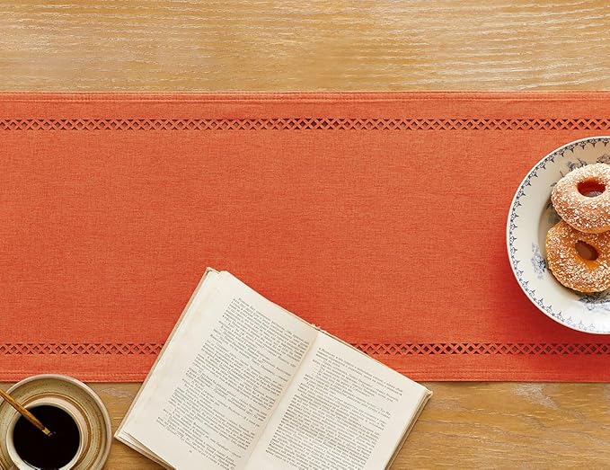 Fall Table Runner Decorations, Burlap Style Farmhouse 13 x 48 Inch Orange Table Runner, Rustic Geometric Hollow Table Runners 48 Inches Long for Autumn Thanksgiving Decorations, 13x48 Inches, Orange