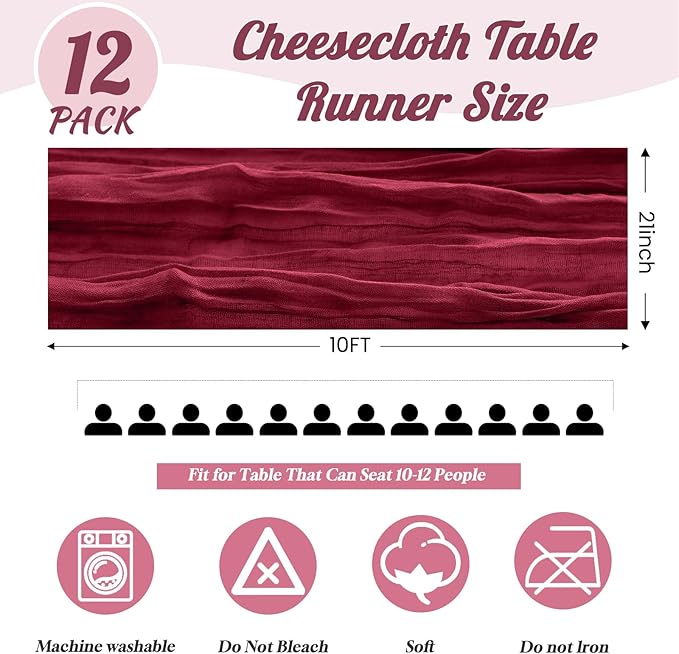 12 Pack Burgundy Table Runners 10FT Cheesecloth Table Runner 21 x 120 inch Boho Gauze Cheese Cloth Table Runner Rustic Sheer Table Runners for Party Wedding Bridal Baby Shower Birthday Table Decor