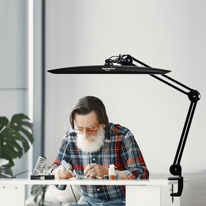 24W LED Desk Lamp with Clamp, 5 Dimming Modes, 5 Color temperatures up to 6000K, 2200 Lumens High Brightness Working Lamp with 182 Pcs LED(Black, CCT)
