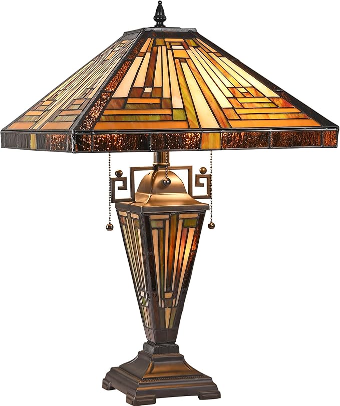 Capulina Tiffany Lamp Stained Glass Table Lamp 3-Light 16X16X24 Inches Mother-Daughter Vase Amber Brown Mission Tiffany Style Desk Reading Lamp for Living Room Bedroom Study Home Office