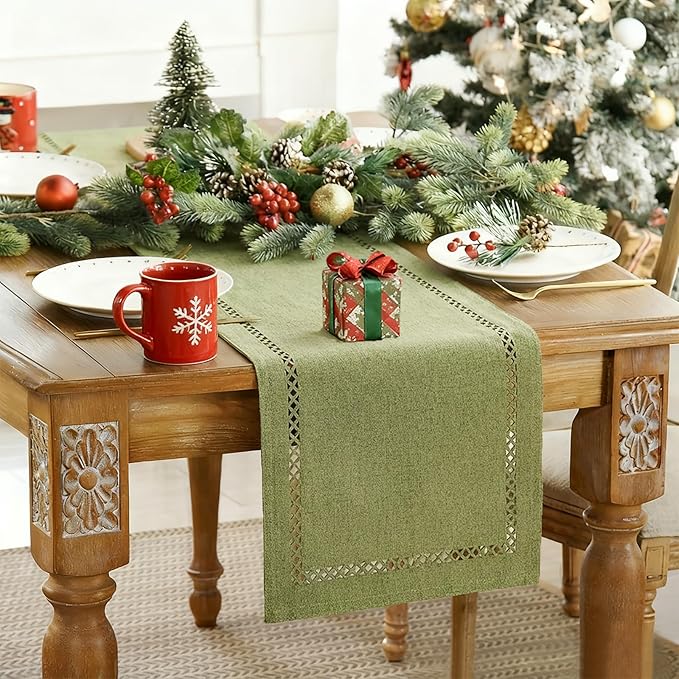 Burlap Style Farmhouse Table Runner, 13 x 108 Inch Sage Green, Rustic Geometric Hollow Table Runners 108 Inches Long for Dresser Table Everyday Use, 13x108 Inches, Sage Green