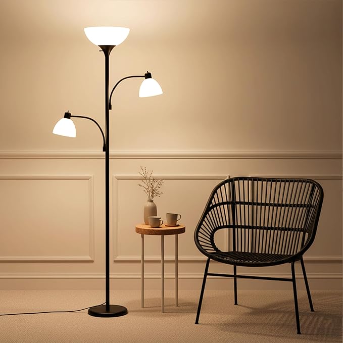Brightech Sky Dome Double LED Floor Lamp, Torchiere Super Bright Floor Lamp with 2 Reading Lamps for Living Rooms & Offices - Dimmable Tall Standing Lamp for Bedroom Reading - Tall Black Pole