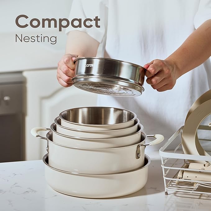 CAROTE 14pcs Pots and Pans Set, Stainless Steel Cookware Set Detachable Handle, Induction Kitchen Cookware Sets with Removable Handle, RV Cookware Set, Oven Safe, Camping Cookware, White