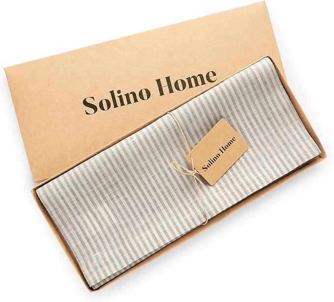 Solino Home Linen Table Runner 90 Inches Long - Narrow Stripe, 100% Pure Linen Natural and White Farmhouse Table Runner 14 x 90 Inch for Dining, Holiday