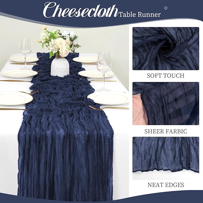 12 Pack 10Ft Navy Blue Cheesecloth Table Runner 35 x 120 inch Boho Gauze Cheese Cloth Table Runner Vintage Rustic Sheer Runners for Wedding Bridal Shower Birthday Party Cake Table Decorations