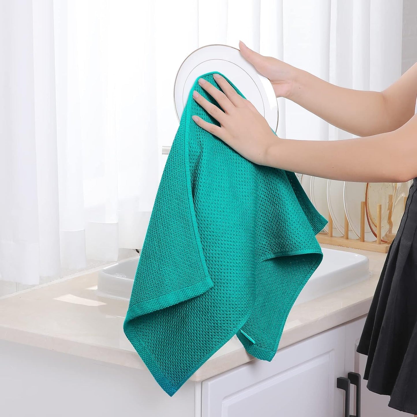 Homaxy 100% Cotton Waffle Weave Kitchen Dish Towels, Ultra Soft Absorbent Quick Drying Cleaning Towel, 13 x 28 Inches, 6-Pack, Teal