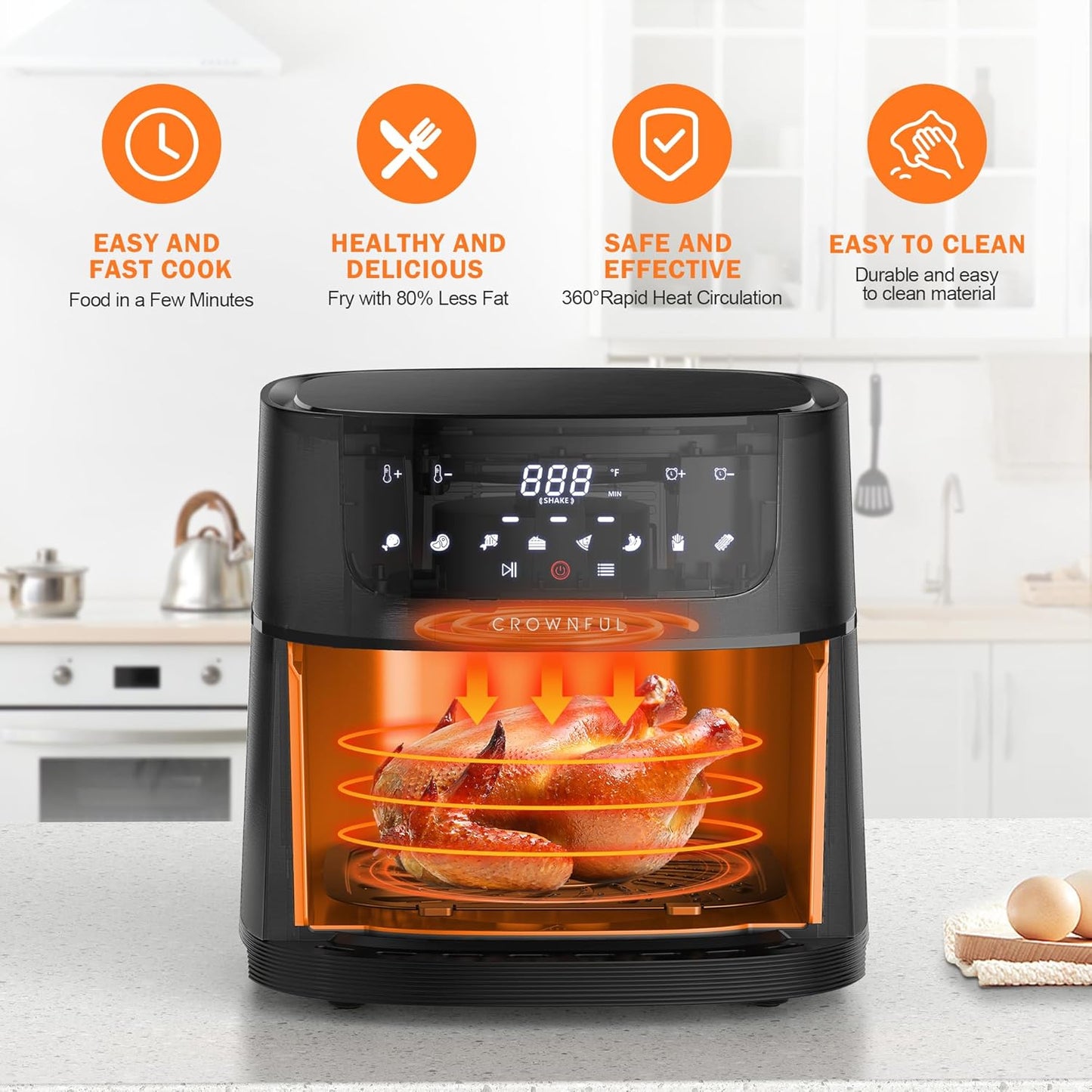 CROWNFUL 7 Quart Air Fryer, Oilless Electric Cooker with 8 Cooking Functions, LCD Digital Touch Screen with Precise Temperature Control, Shake Reminder Function, 1500W, UL Listed-Black