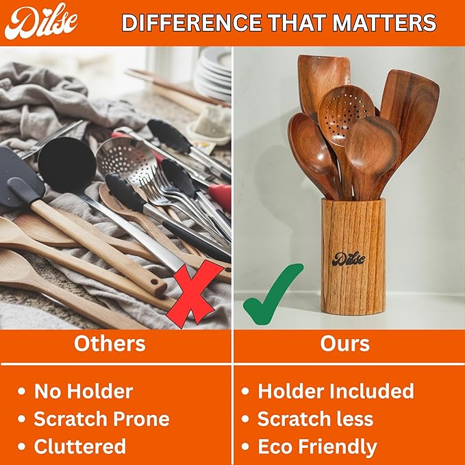 Wooden Kitchen Utensil Set, Cooking Spoons with Storage Holder, Non Stick, Heat Resistant and Lightweight, 7 Pcs Set, Teak Wood