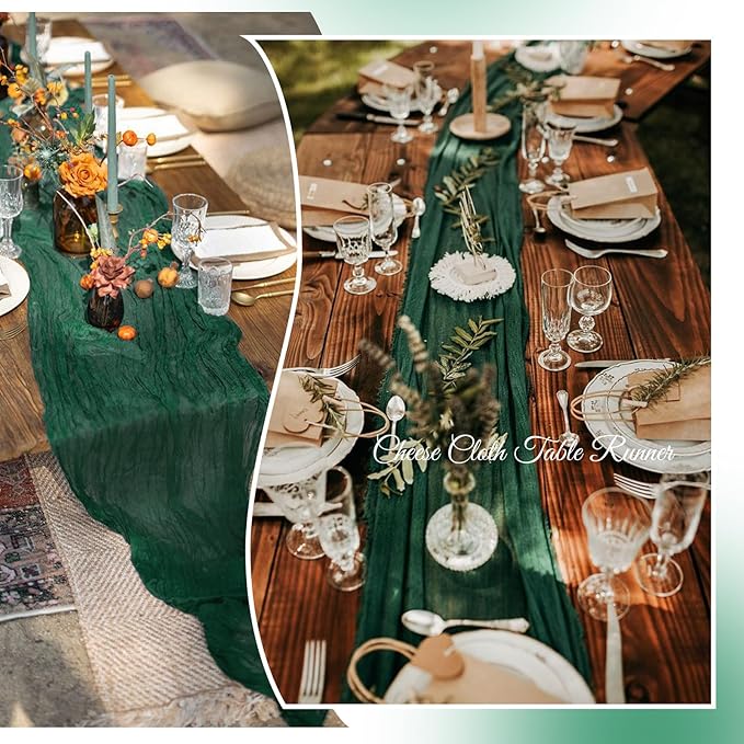 Aktor 12 Pack Christmas Table Runner 10Ft Emerald Green Cheesecloth Table Runner Gauze Boho Semi Sheer Cheese Cloth Fabric Runners for Wedding Birthday Baby Shower Party Decoration（Emerald Green）