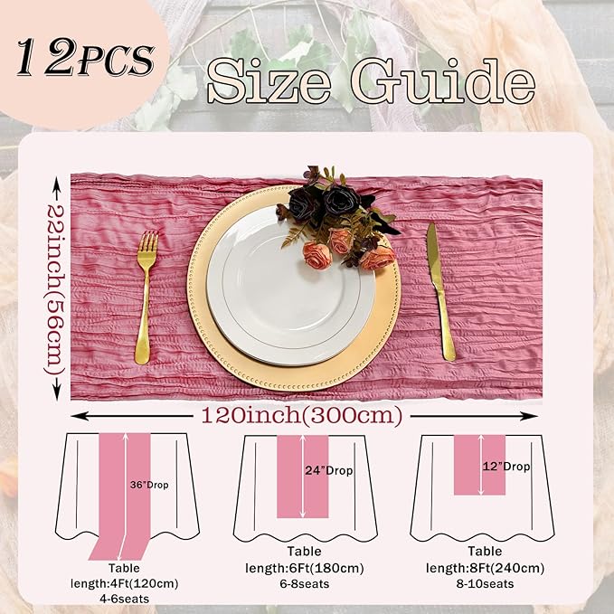 12 Pack Dusty Rose Cheesecloth Table Runner Rustic Gauze 22x120 inch Long Table Runner for Wedding Bridal Shower Birthday Party Banquet Boho Decoration(#32)