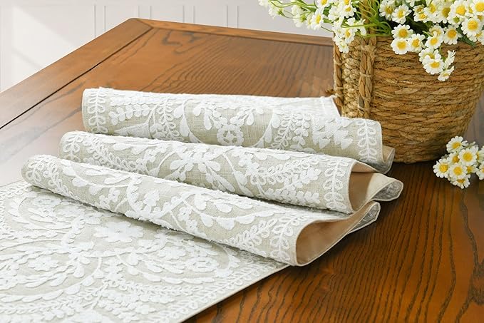 KEVA Boho Table Runner 110inches Long, Farmhouse Rustic Vintage White Embroidered Table Runners 13x110 Inch for Dining Table Decorations