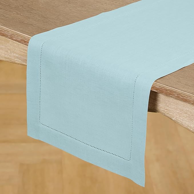 Solino Home Linen Aqua Blue Table Runner 36 Inches - Classic Hemstitch, 100% Pure Linen Coffee Table Runner 14 x 36 Inch Ideal for Dresser Tables