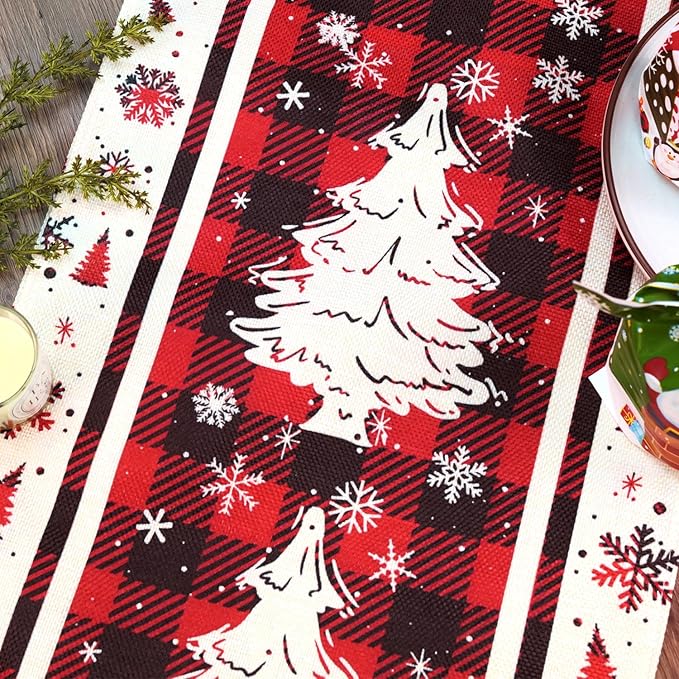 Buffalo Plaid Christmas Tree Table Runner, Red, 13x72 Inch