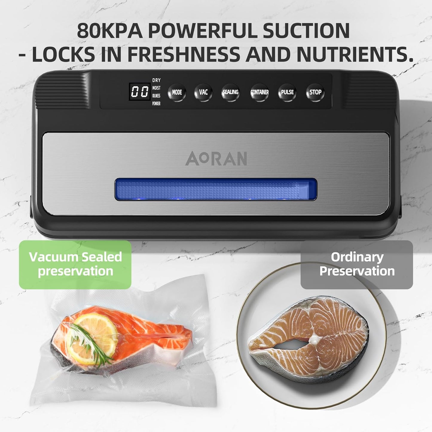 AORAN Vacuum Sealer with Transparent Window, 80KPa Powerful Food Vacuum Sealer, Compact and Easy-to-Use, Includes 5 Bags & 1 Roll, Dry & Moist Modes for Food Preservation