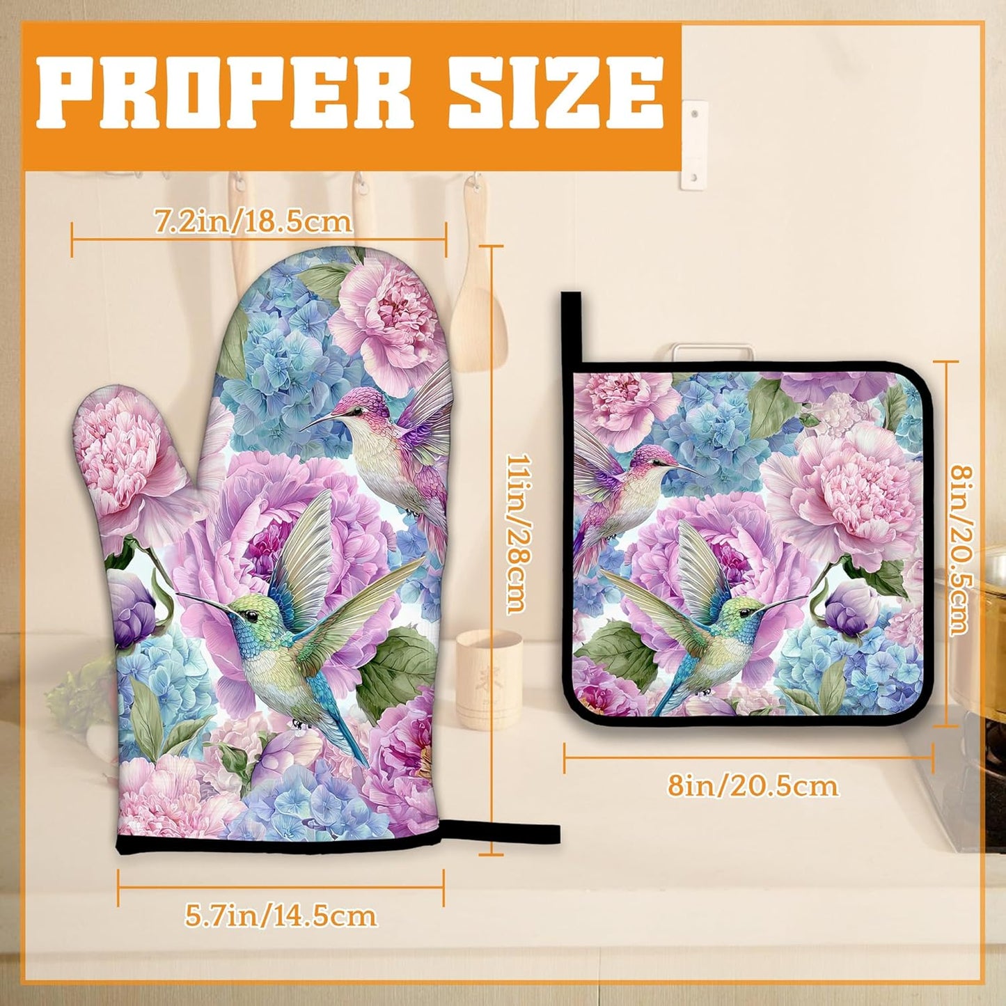 Hummingbird Oven Mitts and Pot Holders Set,Pink Flower Floral Kitchen Decor Heat Resistant Non Slip Hot Pads and Oven Mitt for Chef Cooking Baking BBQ Mom Girl Gifts(4 Piece Set)
