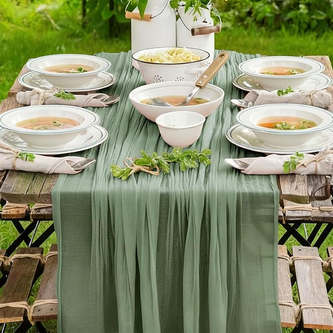 Sage Green Table Runner, 120 Inch 10 FT Boho Rustic Cheesecloth Gauze, Farmhouse Centerpieces Decor for Wedding Spring Easter Baby Bridal Shower Party Decoration, 1 Pack