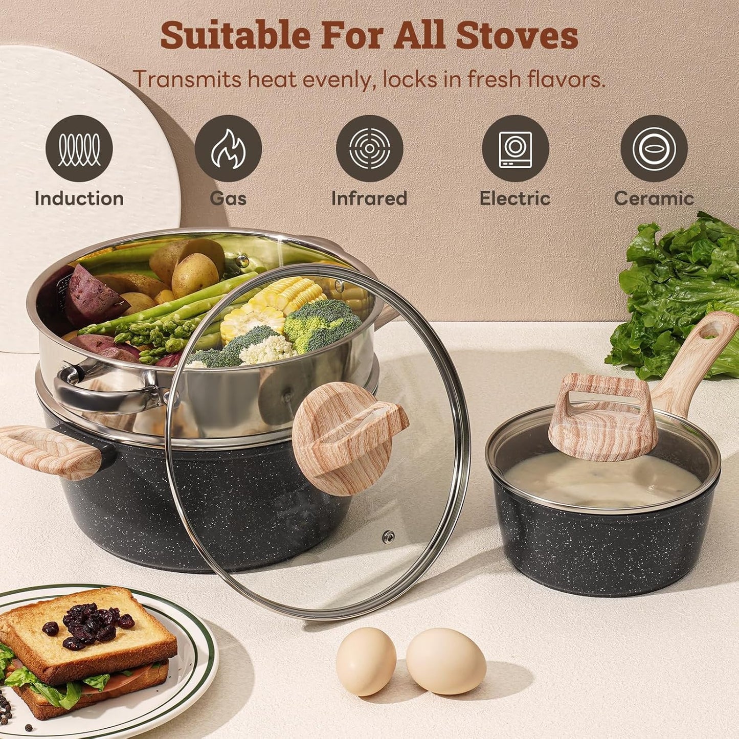 17 Pcs Pots and Pans Set Non Stick Kitchen Cookware Sets Nonstick Induction Cookware Non-toxic Black Granite Cooking Tools with Stay-Cool Handles, Pot Protectors (PFOS/PFOA Free)