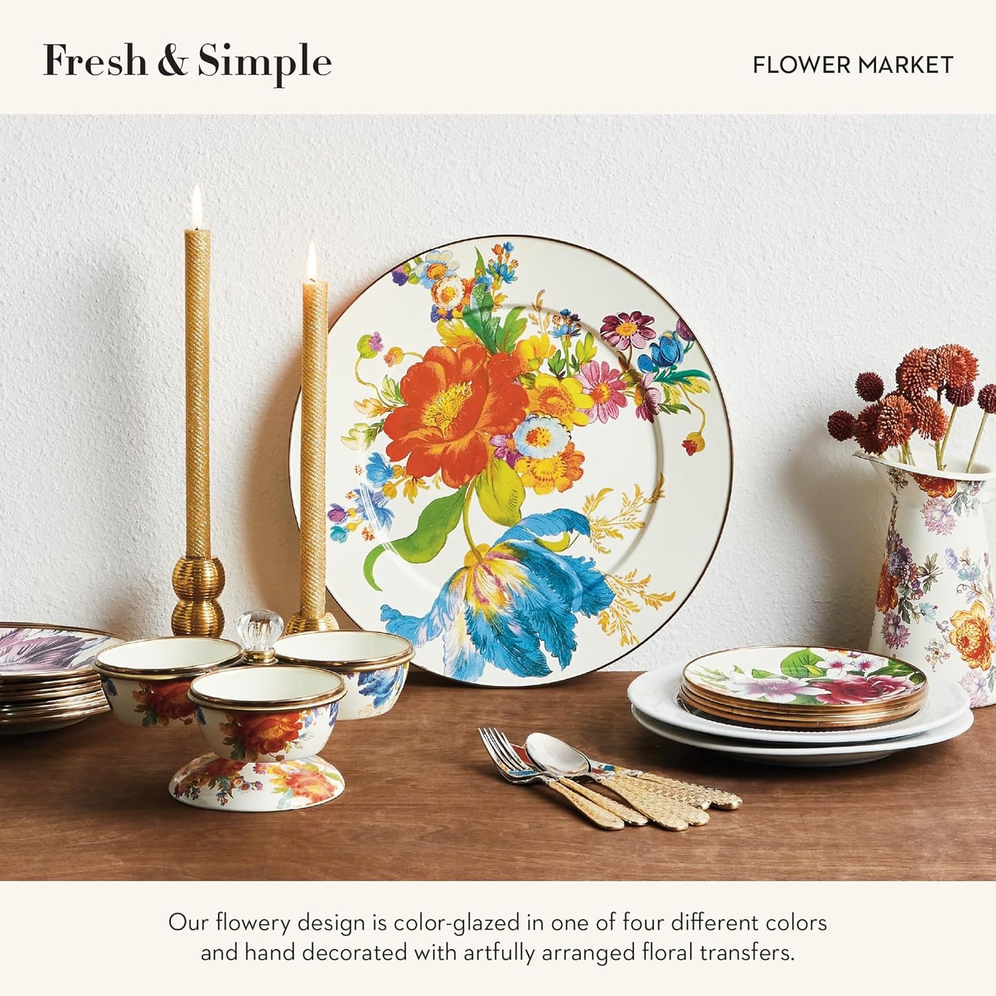 MACKENZIE-CHILDS Enamel Serving Platter, Decorative Serving Platter for Food, 16 Inches, White Flower Market
