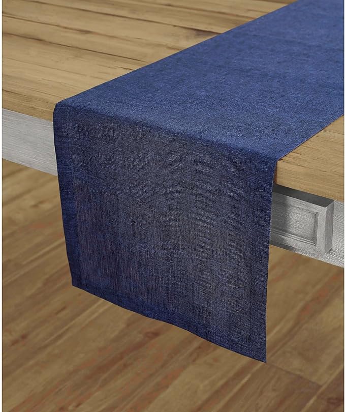 Solino Home Linen Table Runner 60 Inches - 100% Pure Linen Chambray Navy Table Runner 14 x 60 Inch Ideal for Dresser and Coffee Tables - Christmas, Holiday, New Year - Athena