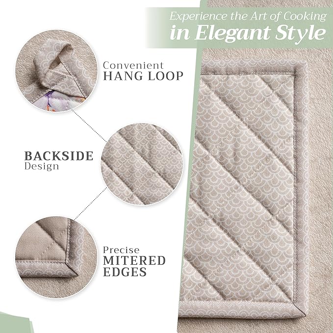 Maison d' Hermine 100% Cotton Oven Mitt & Pot Holder Set (7.5"x13" & 8"x8") Heat Resistant BBQ Cooking Gloves with Loop, Baking, Grilling, Kitchen, Handling Hot Pans Spring/Summer (Ibiza - Beige)