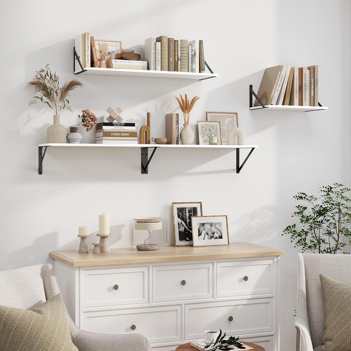 Heimlove White Deep Floating Shelves for Wall, 36W x 8D Wood Wall Shelves Set of 2, Wide Floating Bookshelf for Living Room, Kitchen, Office, Bedroom and Decor Storage, with Black Bracket - White