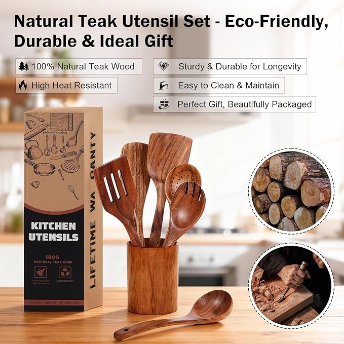 Wooden Spoons for Cooking – 6 Pcs Teak Wood Utensil Set, Durable, Nonstick Safe & Heat Resistant with Ergonomic Handles - Unique Kitchen Gifts for Women Men, Cooking Gifts for Men Women