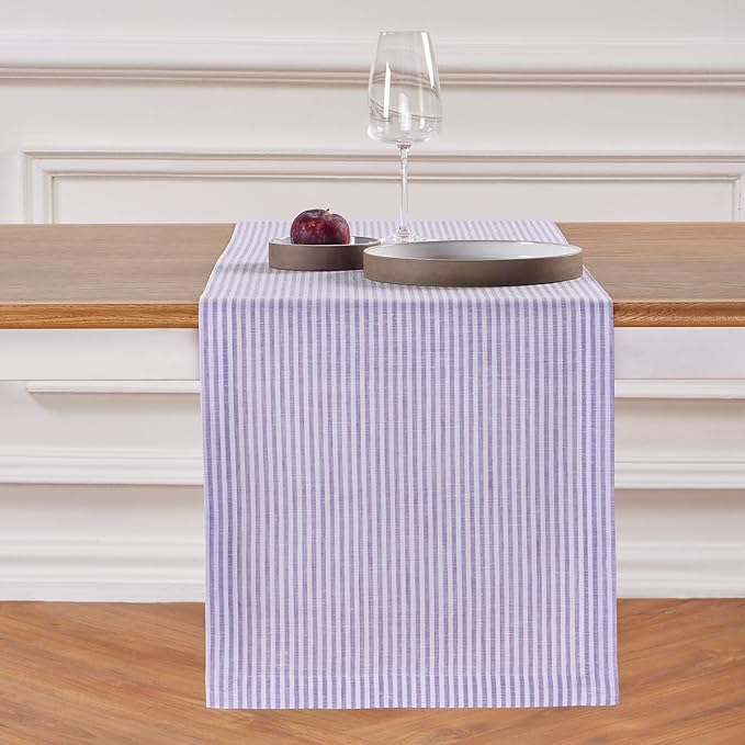 Solino Home Linen Striped Table Runner 132 Inches Long - Narrow Stripe 100% Pure Linen Lavender and White Dining Table Runner 14 x 132 Inch