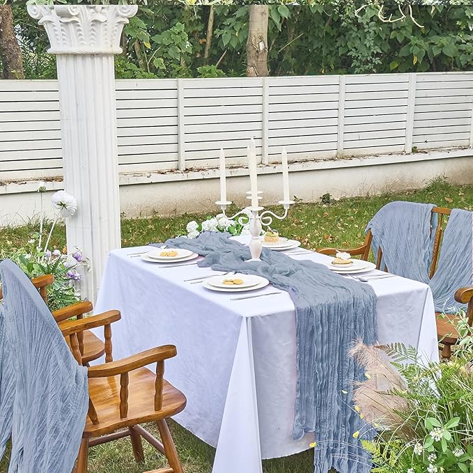 IVAPUPU 4 Pcs Cheesecloth Table Runner - 10ft Dusty Blue Boho Gauze Cheese Cloth Table Runners for Baby Shower Decoration Wedding Party Summer Garden Farmhouse