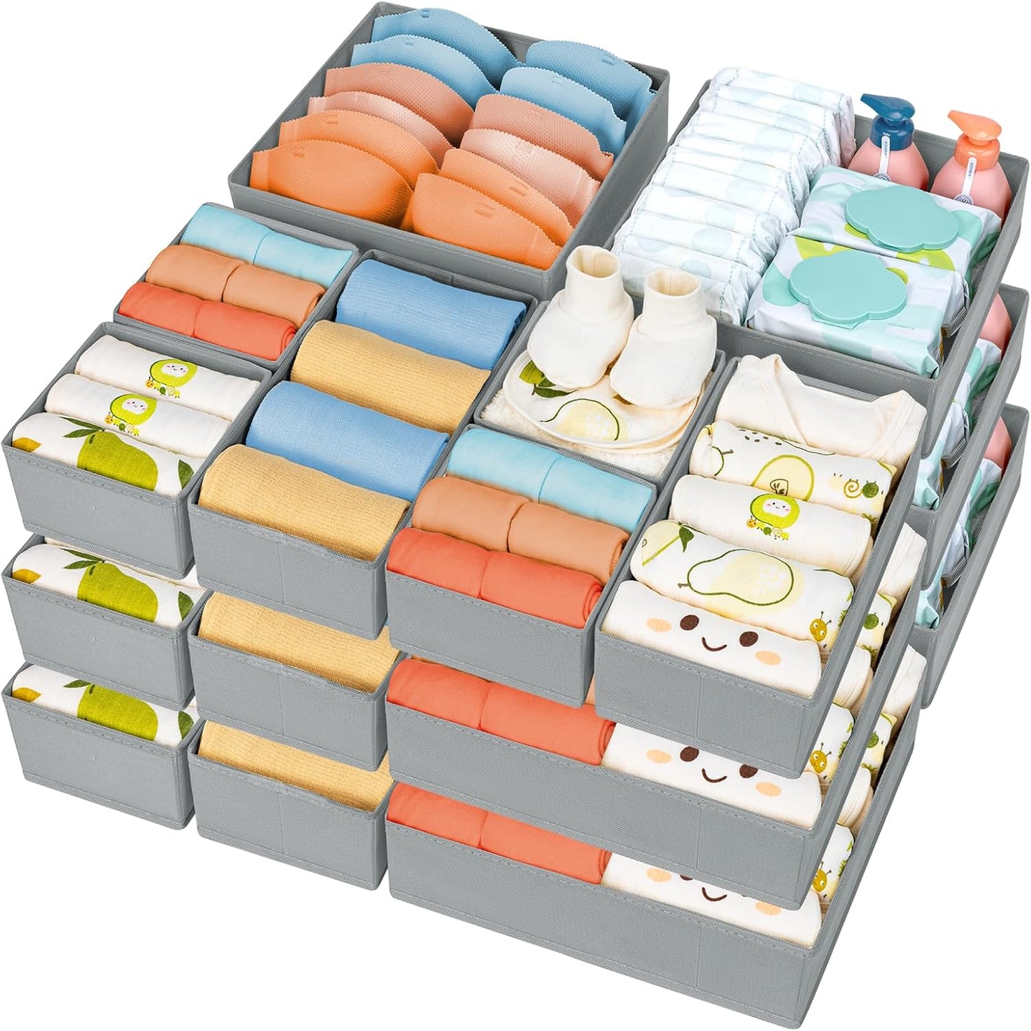 DIMJ Drawer Organizer 15 Pack - Foldable Baby Clothes Storage & Dresser Organizer for Nursery, Bedroom, Closet - Nursery Organization Dresser Dividers for underwear, Sock,Bra, Belt, Tie, Gray