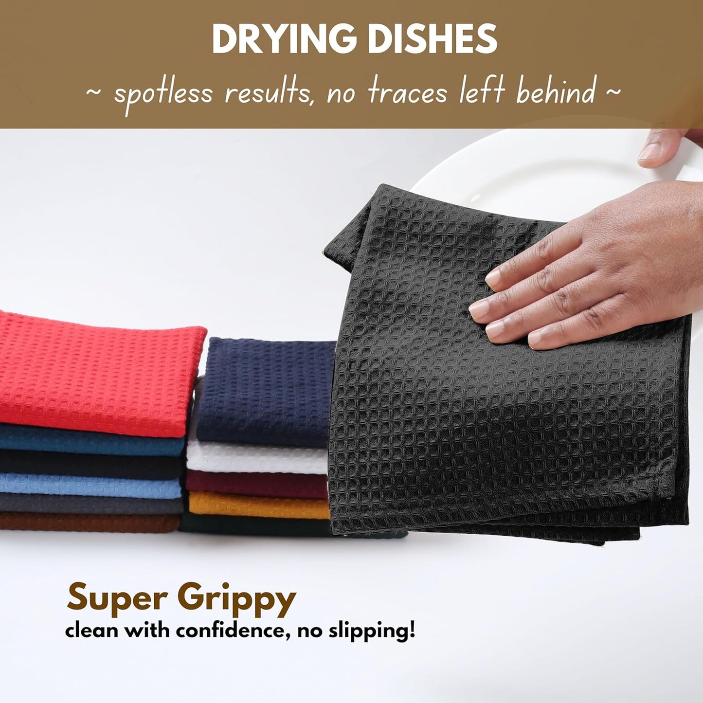 Native Fab Cotton Kitchen Towel with Hanging Loop 16x26 inches, 6-Pack, Waffle Weave Kitchen Towels for Cleaning Drying, Washcloths Soft & Absorbent Cloth Rags, Bar Towel, Dish Cloth, Black