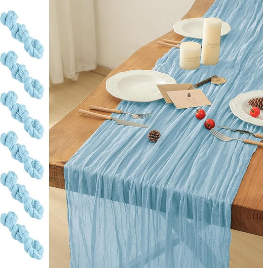 Leetaltree 6 Pack Blue Cheese Cloth Table Runner, 35x120 Inch Boho Rustic Cheese Table Runner, Table Runners for Bridal Baby Shower Decorations or Wedding Table Decorations