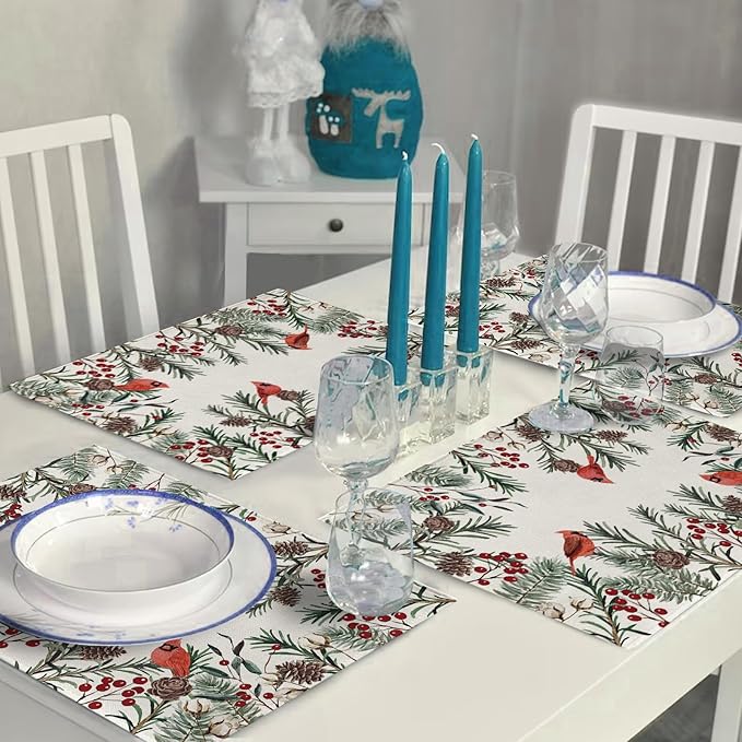 Seliem Winter Cardinal Birds Placemats Set of 4, Red Berries Branch Pine Cone Cotton Vintage Dining Table Place Mats, Seasonal Christmas Holiday Kitchen Decor Home Decoration 12 x 18 Inch
