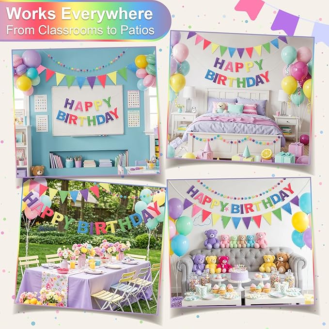 Pre-Strung Happy Birthday Banner & Felt Garland Set - Pastel Birthday Decorations for Women Girls | Reusable Party Supplies for Indoor & Outdoor