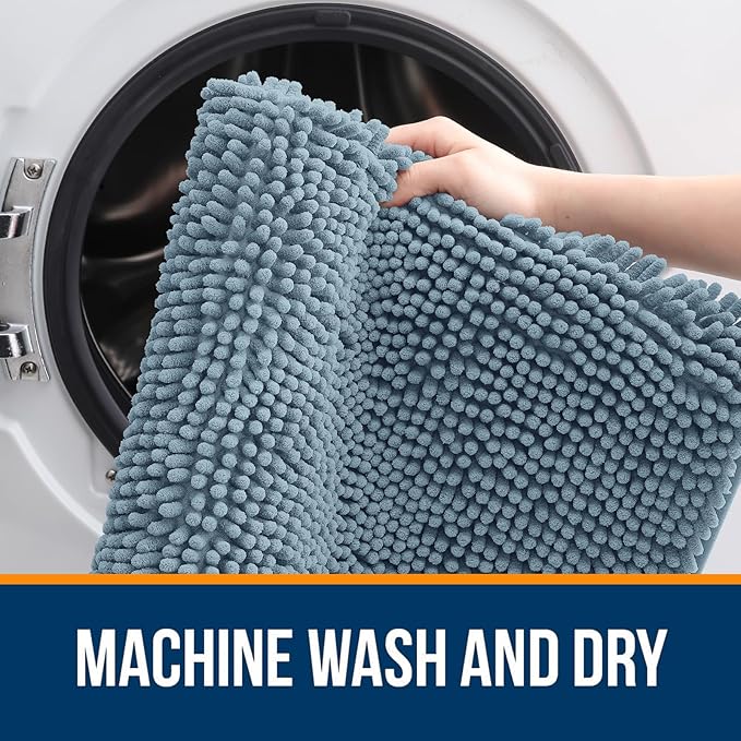 OLANLY Bathroom Rugs 47x20, Extra Soft Absorbent Chenille Bath Rugs, Rubber Backing Quick Dry, Machine Washable Bath Mats for Bathroom Floor, Tub and Shower, Home Decor Accessories, Airy Blue