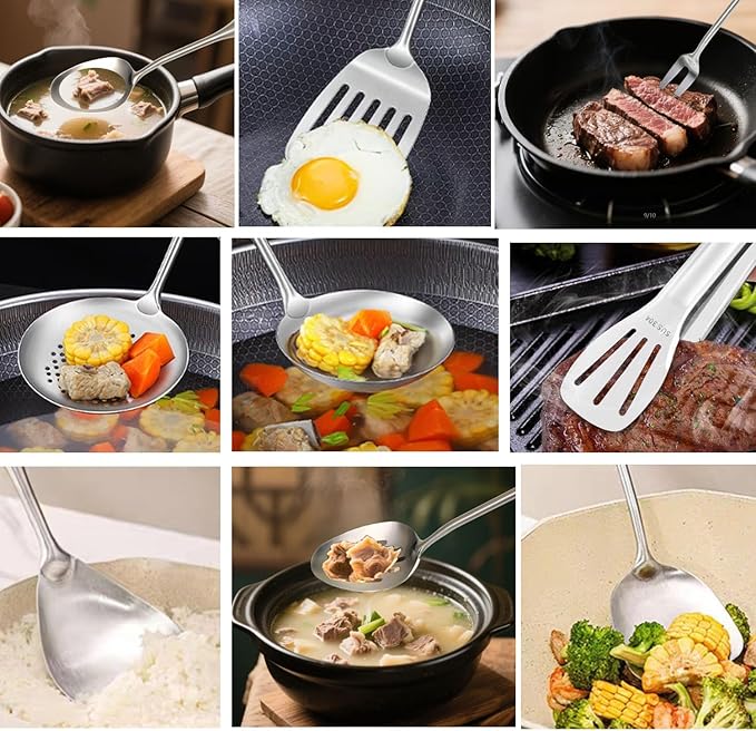 304 18/10 Stainless Steel Kitchen Utensils Set 11 Pcs Long Cooking Utensil, Spatula, Soup spoon, Leaking shovel, Ladle, Tunner, Pasta Server, Meat Fork, Tongs Kitchen Tools Set