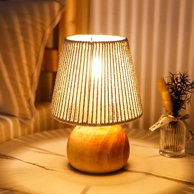 TRIROCKS Set of 2 Woven Cotton Rope Table Lamp - 8'' Tall Cordless Lamps with Wooden Base Boho Lamps Great for Living Room Bedroom Weddings Parties Patio Events