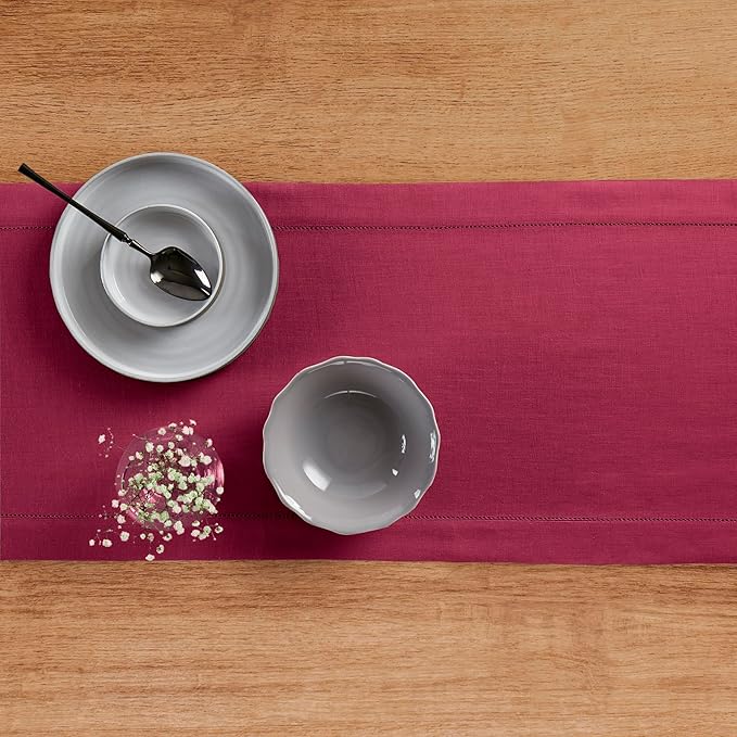 Solino Home Linen Beet Table Runner 132 Inches Long - 100% Pure Linen Extra Long Table Runner 14 x 132 Inch for Christmas, New Year - Classic Hemstitch
