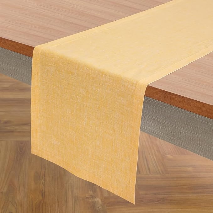 Solino Home Linen Table Runner 90 Inches Long - Athena, 100% Pure Linen Chambray Mustard Yellow Table Runner 14 x 90 Inch for Dining