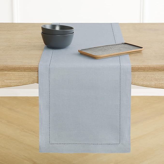 Solino Home Linen Dusty Blue Table Runner 60 Inches - Classic Hemstitch, 100% Pure Linen Coffee Table Runner 14 x 60 Inch Ideal for Dresser Tables