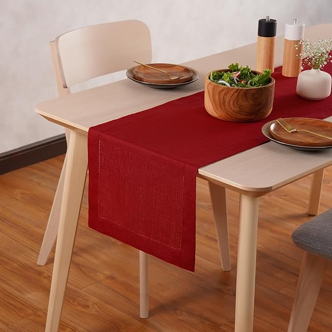 Home Ekaa 100% Pure Linen Red Table Runner 14×48 Inch – Small Hemstitch Washable Cloth Fabric Runner for Christmas, Fall, Winter, Holiday & New Year Décor – Elara Collection