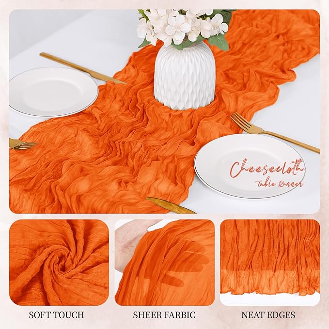 6 Pack Orange Cheesecloth Table Runner 17x108 Inch Semi Sheer Boho Gauze Cheese Cloth Fabric Table Runners, for Wedding Party Baby Shower Birthday Home Decor Garden Farmhouse